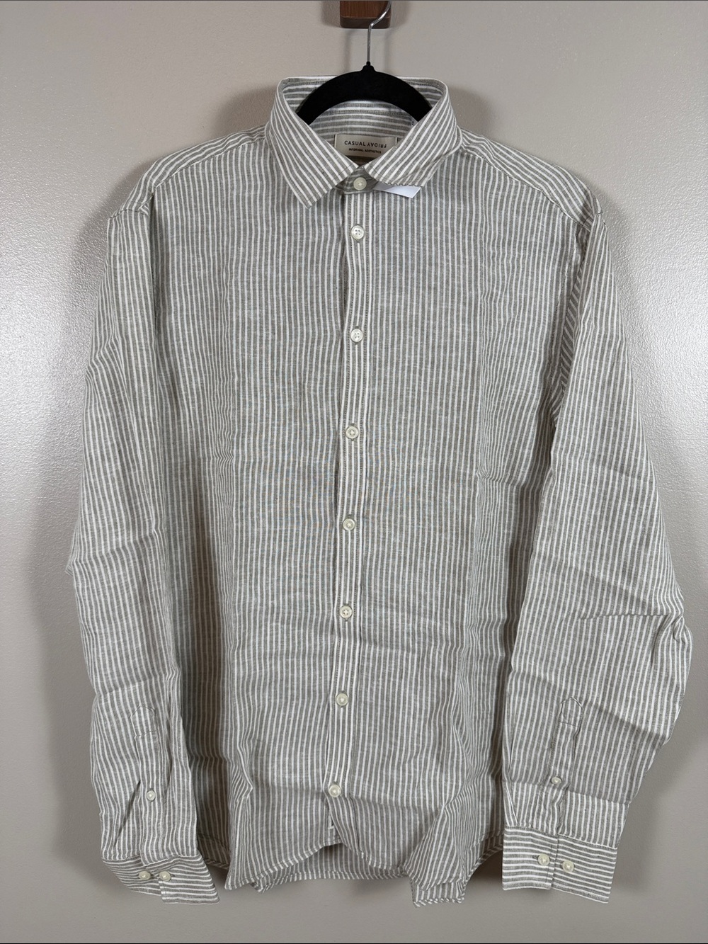 Casual Friday Linen-Blend Striped Button-Down Shirt - Beige/White